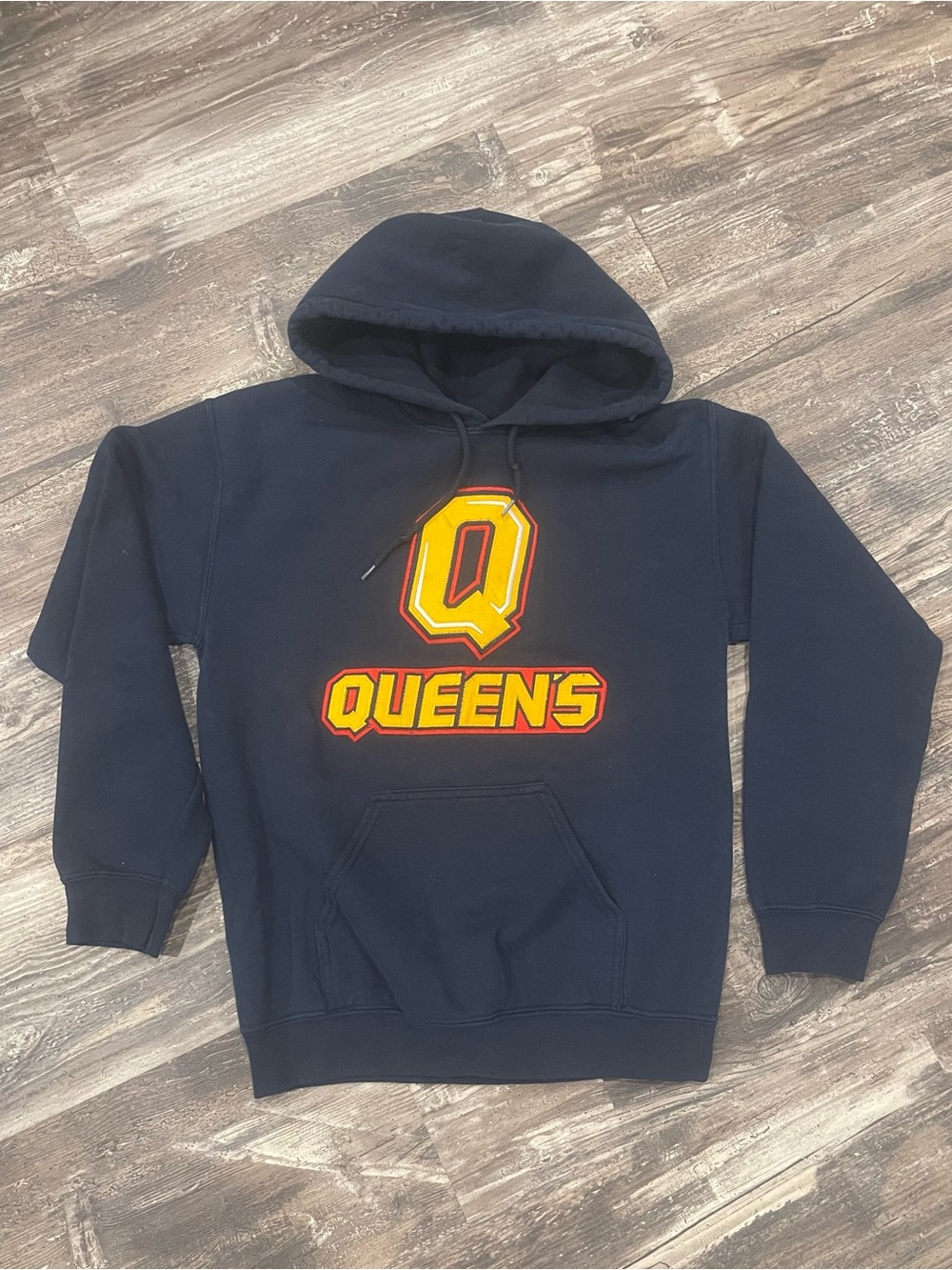 Gildan Navy Hoodie with Yellow & Red "Queens" Graphic